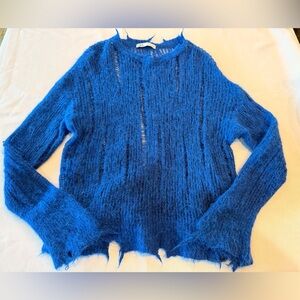 Zara Electric Blue Mohair Blend Distressed Textured Sweater Size Medium